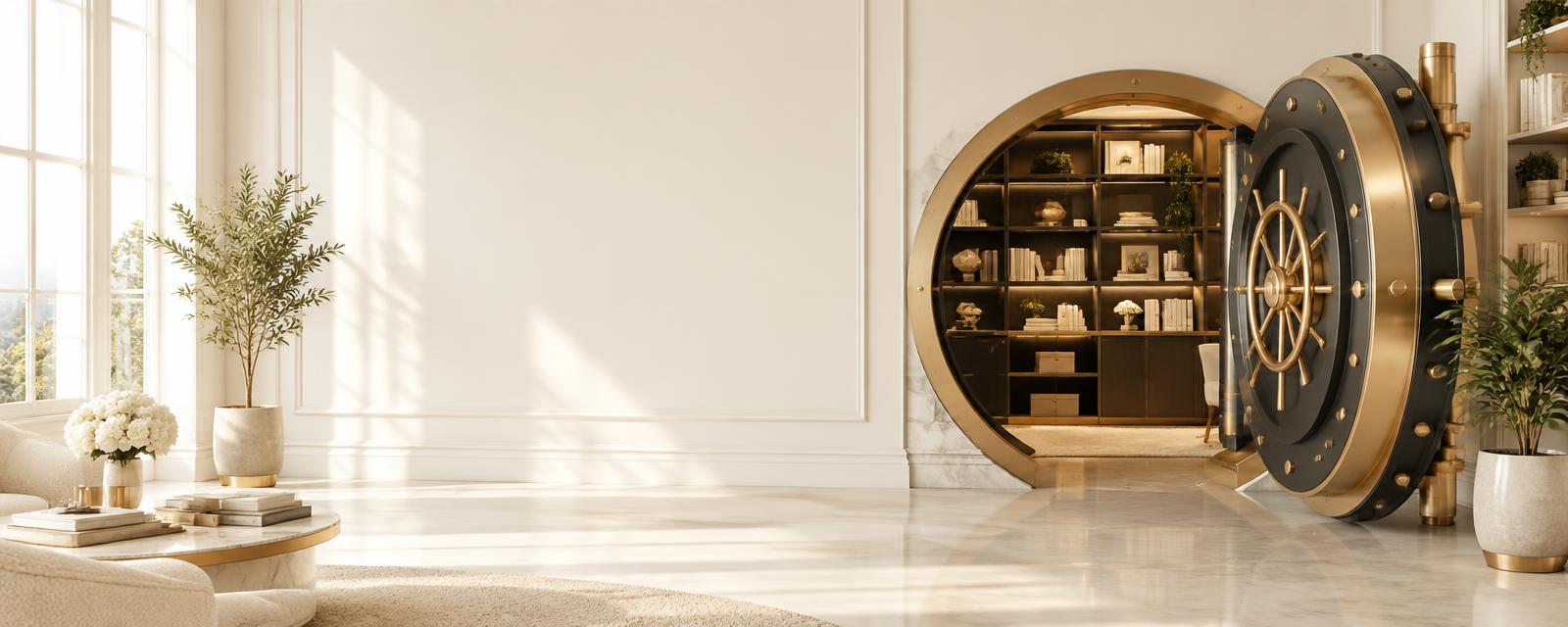 An open gold and black vault in a bright, elegant interior